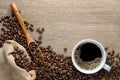 Coffee cup with beans, wood spoon and hemp sack bag on wood table Royalty Free Stock Photo