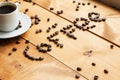 Coffee cup and coffee beans on wooden table . Royalty Free Stock Photo