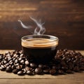 Coffee Cup and Beans on Wooden Table. Cup of hot aromatic coffee and coffee beans on wooden table. Warm cup of coffee on brown Royalty Free Stock Photo