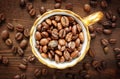 Coffee cup with coffee beans on wooden table