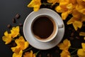 Coffee cup with coffee beans and yellow tulips on black background. Royalty Free Stock Photo