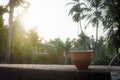 Coffee cup Bhar in sunset sunlight. Summer fresh cool look. Muddy mud tea cup made of clay for hot drink on roof beam of a