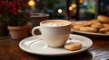 Coffee in a cup with a biscuit on wooden table and Coffee shop blur background with bokeh image Royalty Free Stock Photo