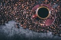 Coffee. Cup of black coffee and spilled coffee beans. Coffee break Royalty Free Stock Photo