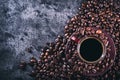 Coffee. Cup of black coffee and spilled coffee beans. Coffee break Royalty Free Stock Photo