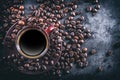 Coffee. Cup of black coffee and spilled coffee beans. Coffee break Royalty Free Stock Photo