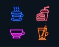 Coffee cup, Bombon coffee and Hamburger icons. Tea mug sign. Tea mug, Cafe bombon, Burger with drink. Royalty Free Stock Photo