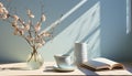 Coffee cup, book, vase, flower, window, table, wood, still life generated by AI