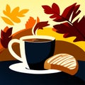 Coffee cup and bread on autumn background. Vector illustration. Generative AI Royalty Free Stock Photo