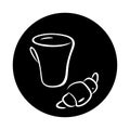 Coffee cup and brioche icon. Hand drawn sketch style illustration, white strokes, black circle background