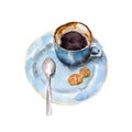 The coffee cup with brown shugar and spoon on white background, watercolor illustration