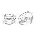 Coffee cup, cake icons set. Sketch style, hand drawn doodle black brush stroke, thick line illustration. Outline Royalty Free Stock Photo