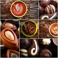 Coffee cup, chocolate candy collage background composition