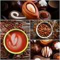 Coffee cup, chocolate candy collage background