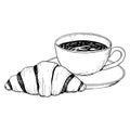 Coffee cup with chocolate and French croissant vector black and white illustration for coffee break, breakfast Royalty Free Stock Photo