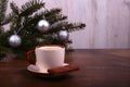 Coffee cup and chocolate on wooden table texture. Coffeebreak. Christmas time Royalty Free Stock Photo