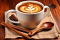 Coffee cup cinnamon sticks flavoring wooden spoon
