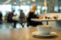 Coffee cup close-up on the table. Coffee break in business meeting or cafe. Cappuccino cup on the table. People in the blurred