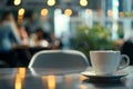 Coffee cup close-up on the table. Coffee break in business meeting or cafe. Cappuccino cup on the table. People in the blurred