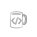 Coffee cup with code sign hand drawn outline doodle icon.