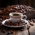 coffee cup with coffee bean on wooden table,