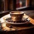 coffee cup with coffee bean on wooden table,