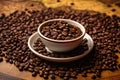 coffee cup with coffee beans on dark table
