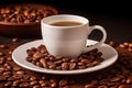 Coffee Cup and Coffee Beans, Espresso Coffeecup on Brown Coffe Grains Background, White Coffee Mug