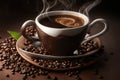 Coffee cup with coffee beans on a saucer and dark background Royalty Free Stock Photo