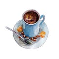 The coffee cup with coffee beans and spoon on white background, watercolor illustration