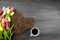 Coffee cup , Coffee beans and tulips