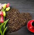 Coffee cup , Coffee beans and tulips