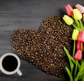 Coffee cup , Coffee beans and tulips