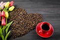 Coffee cup , Coffee beans and tulips