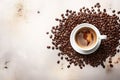 coffee cup with coffee beans on white saucer and white background ai generated Royalty Free Stock Photo