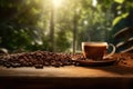 Coffee cup and coffee beans on wooden table. Warm morning dawn sun light commercial with bokeh background