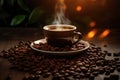 Coffee cup and coffee beans on wooden table. Warm morning dawn sun light commercial with bokeh background