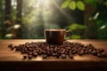 Coffee cup and coffee beans on wooden table. Warm morning dawn sun light commercial with bokeh background