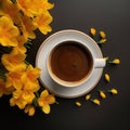 Coffee cup with coffee beans and yellow tulips on black background. Royalty Free Stock Photo