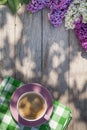 Coffee cup and colorful lilac flowers on garden table Royalty Free Stock Photo