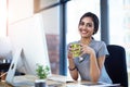 Coffee cup, computer and portrait of creative Indian woman in office with confidence, relax or smile at startup. Design Royalty Free Stock Photo
