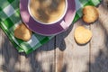 Coffee cup and cookies on garden table Royalty Free Stock Photo