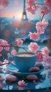 Coffee cup, cookies, Sakura, Eiffel Tower. Soft pastel palette in Paris. Blue and pink hues dominate