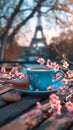 Coffee cup, cookies, Sakura, Eiffel Tower. Soft pastel palette in Paris. Blue and pink hues dominate