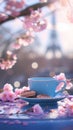 Coffee cup, cookies, Sakura, Eiffel Tower. Soft pastel palette in Paris. Blue and pink hues dominate