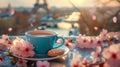 Coffee cup, cookies, Sakura, Eiffel Tower. Soft pastel palette in Paris. Blue and pink hues dominate