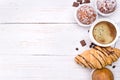 Coffee cup with a croissant and cake . Royalty Free Stock Photo