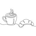 Coffee cup and croissant continuous one line drawing. Black and white vector illustration Royalty Free Stock Photo