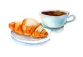 Coffee Cup With Croissant, Watercolor Illustration, Isolated On White Background