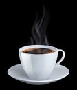 Coffee cup 3d isolated with hot white smoke front view object, espresso ceramic mug on black background Royalty Free Stock Photo